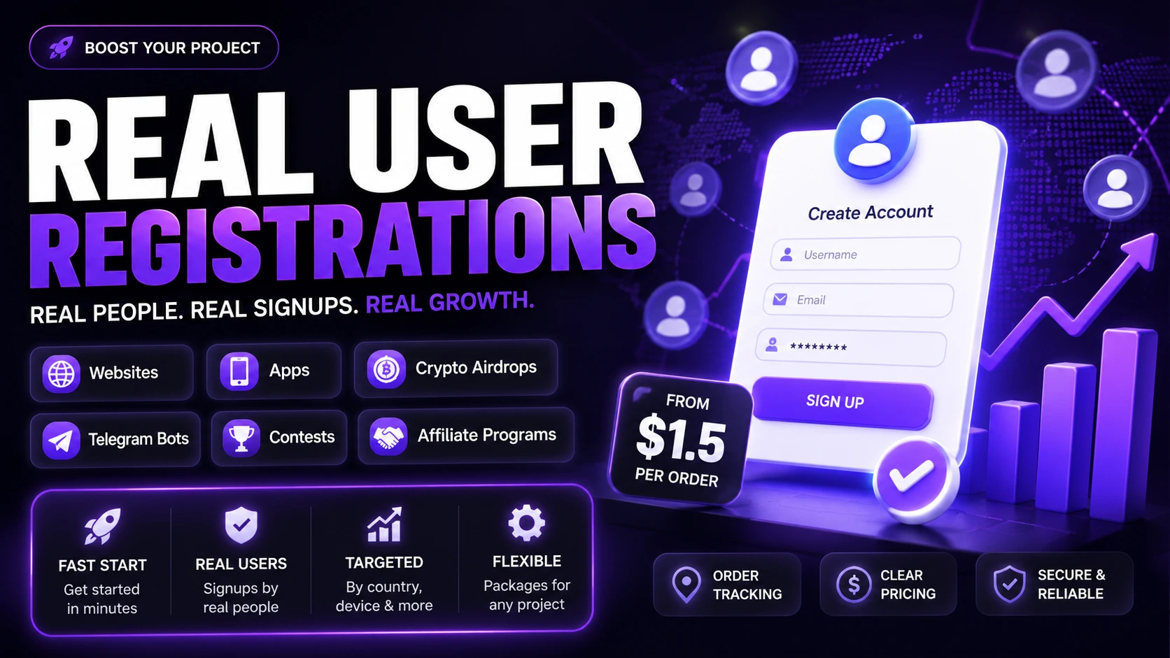 Buy Real User Registrations: Real Signups for Websites, Apps, Crypto Airdrops and Telegram Bots