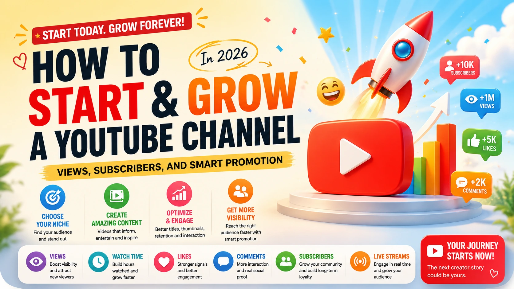 How to Start and Grow a YouTube Channel in 2026: Views, Subscribers, and Smart Promotion