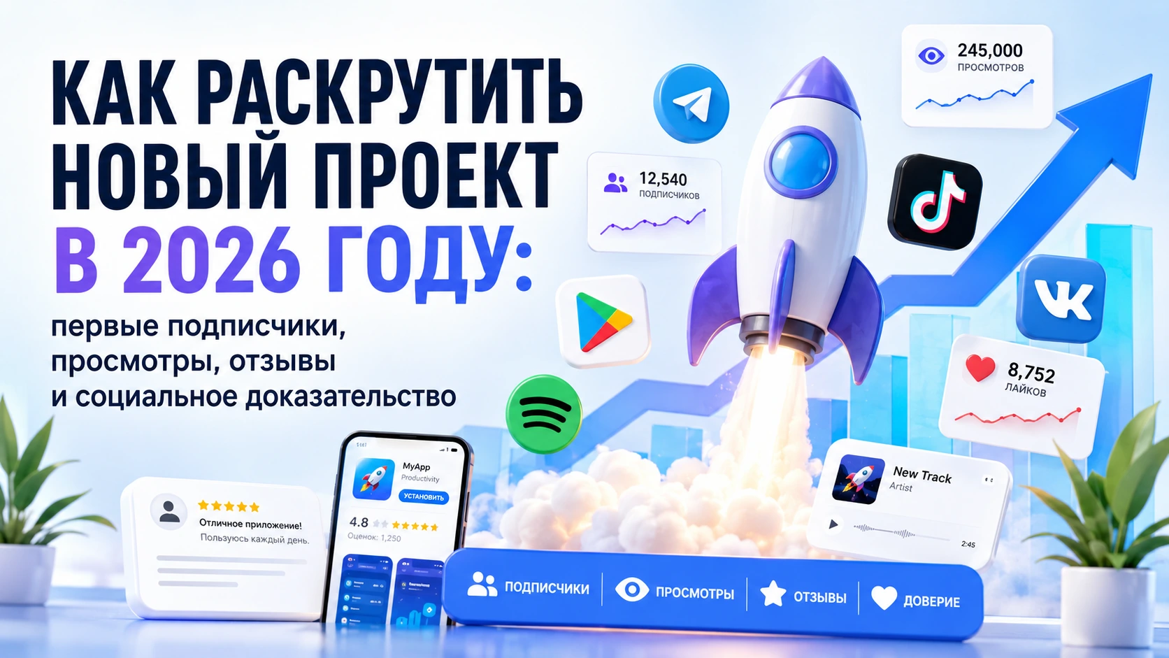 Иллюстрация к статье о раскрутке нового проекта в 2026 году, первых подписчиках, просмотрах, отзывах и социальном доказательстве