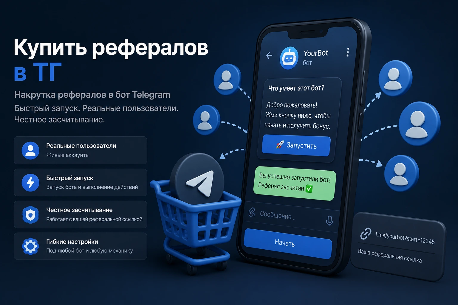 Иллюстрация к статье о покупке рефералов в ТГ, накрутке рефералов в Telegram-бот и продвижении реферальных кампаний в 2026 году