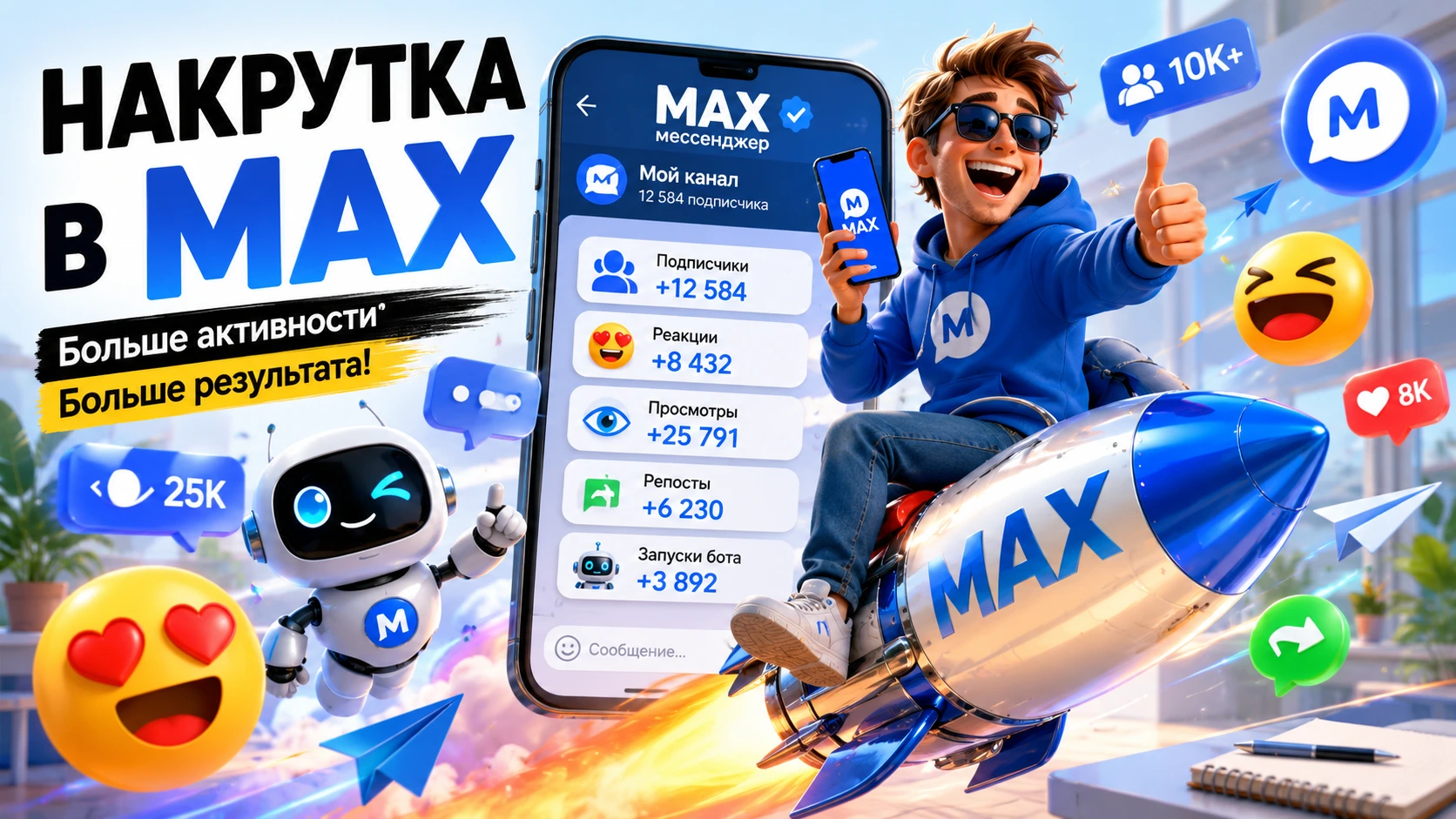 Иллюстрация к статье о накрутке в МАКС, подписчиках, реакциях, просмотрах, репостах и запусках бота в 2026 году