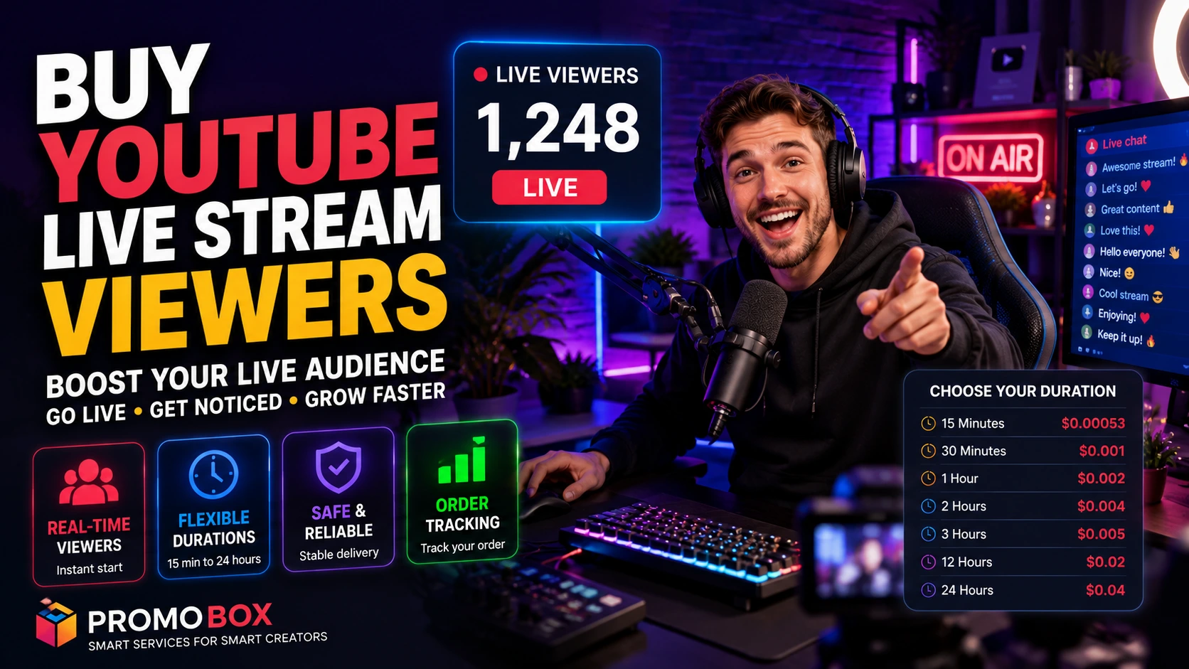 YouTube live stream viewers watching a creator during a live broadcast with growing audience engagement and real-time analytics.