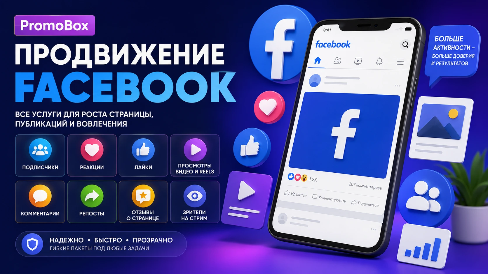 Иллюстрация к статье о продвижении Facebook через PromoBox: страницы, публикации, видео, Reels, прямые эфиры и SMM-активность в 2026 году