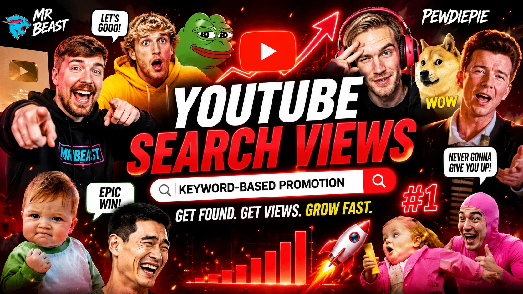 YouTube search views illustration showing a video thumbnail with keyword-based search traffic, creator, analytics dashboard, and YouTube SEO concept.