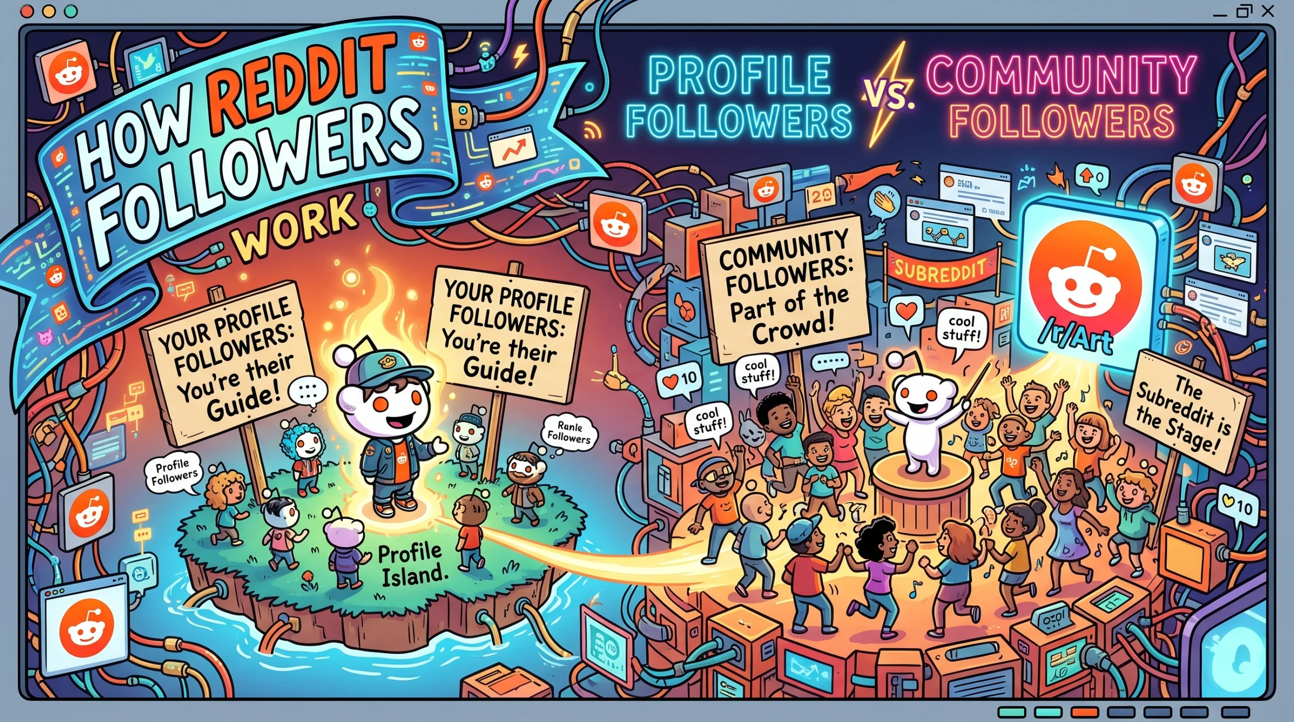 Illustration explaining Reddit profile followers and community followers