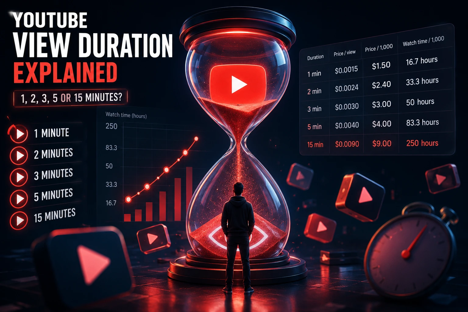 YouTube video analytics illustration explaining high-retention view duration options from 1 to 15 minutes