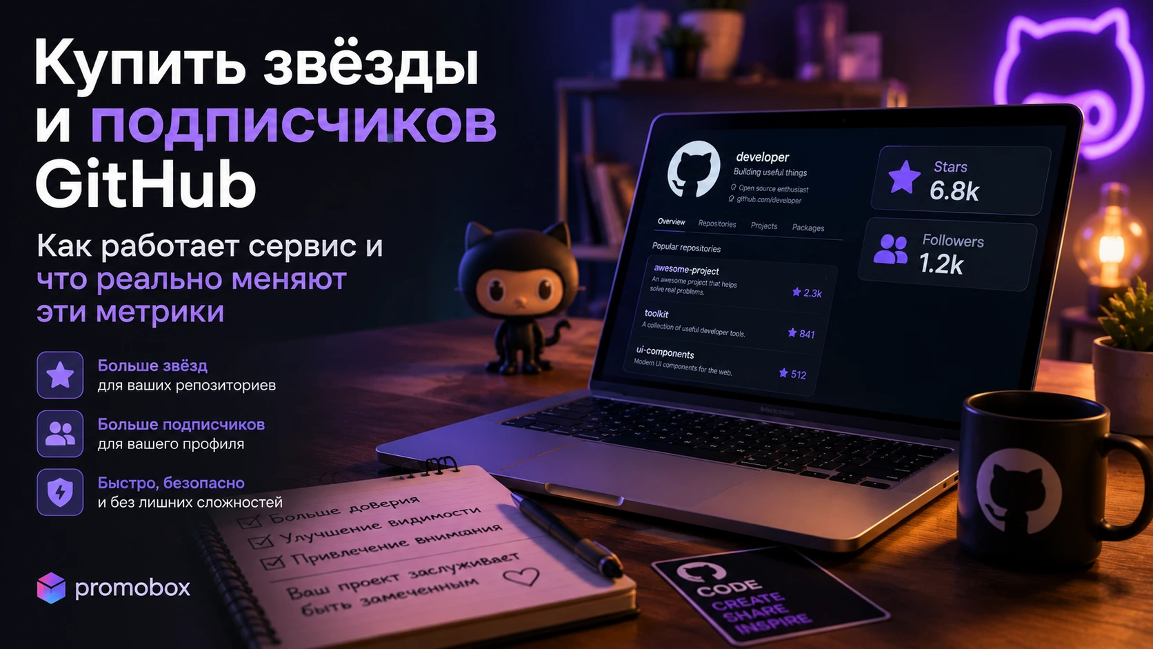 Купить GitHub Stars и подписчиков: продвижение профиля и репозиториев