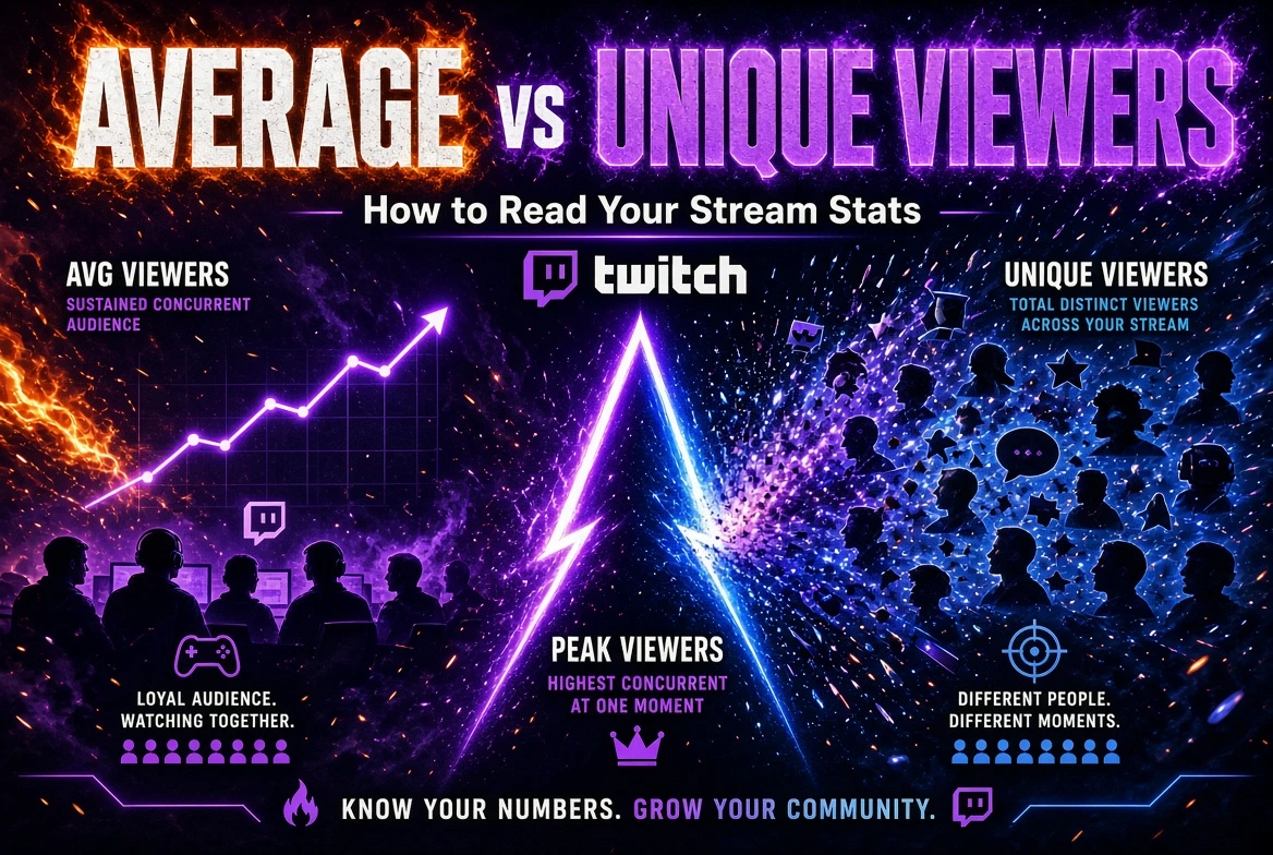 Twitch average viewers vs unique viewers illustrated with a purple line chart and blue audience icons