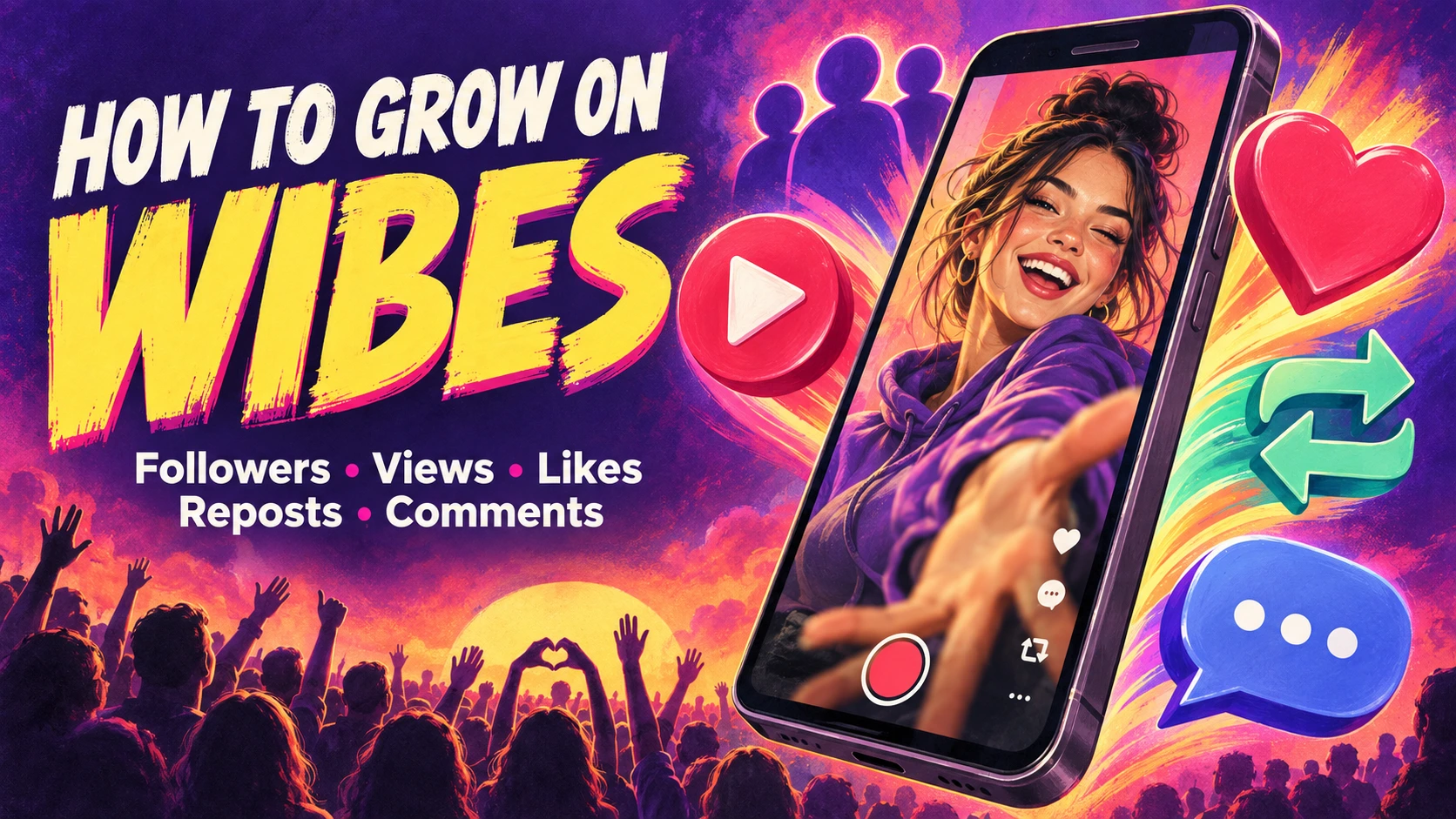 How to Grow on Wibes cover with a woman on a smartphone screen and icons for followers, views, likes, reposts and comments