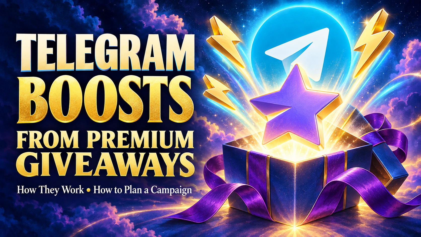 Telegram Premium giveaway illustration with the Telegram logo, a purple star and lightning bolts