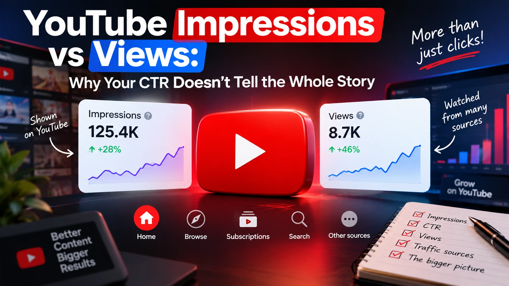 YouTube impressions and views illustrated with analytics charts and a red play button