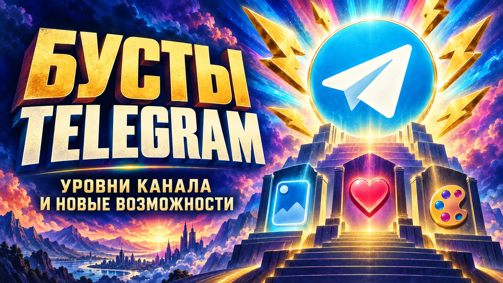 Бусты Telegram: логотип мессенджера, молнии и значки возможностей канала