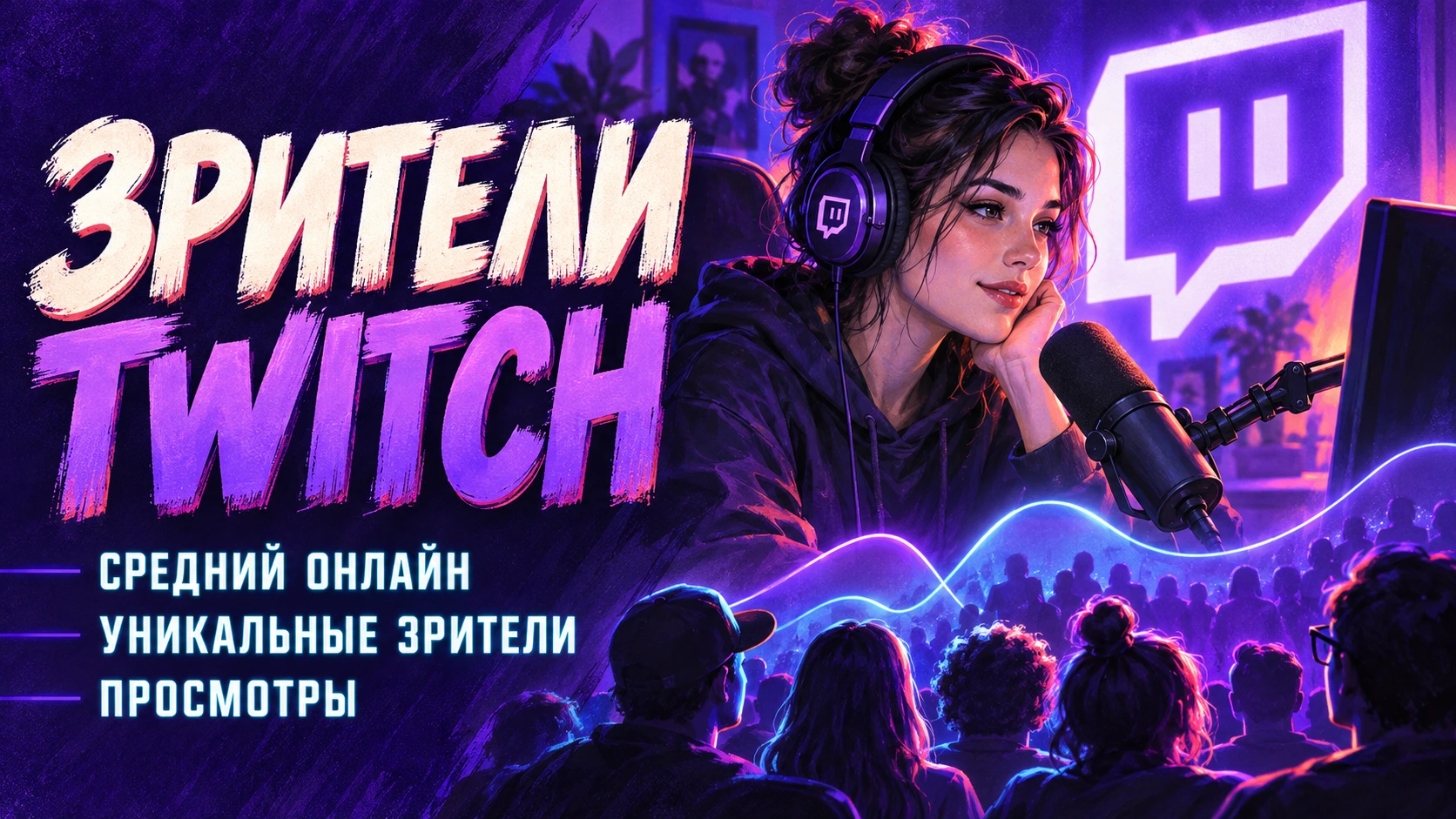 Зрители Twitch: стример в наушниках, логотип платформы и силуэты аудитории