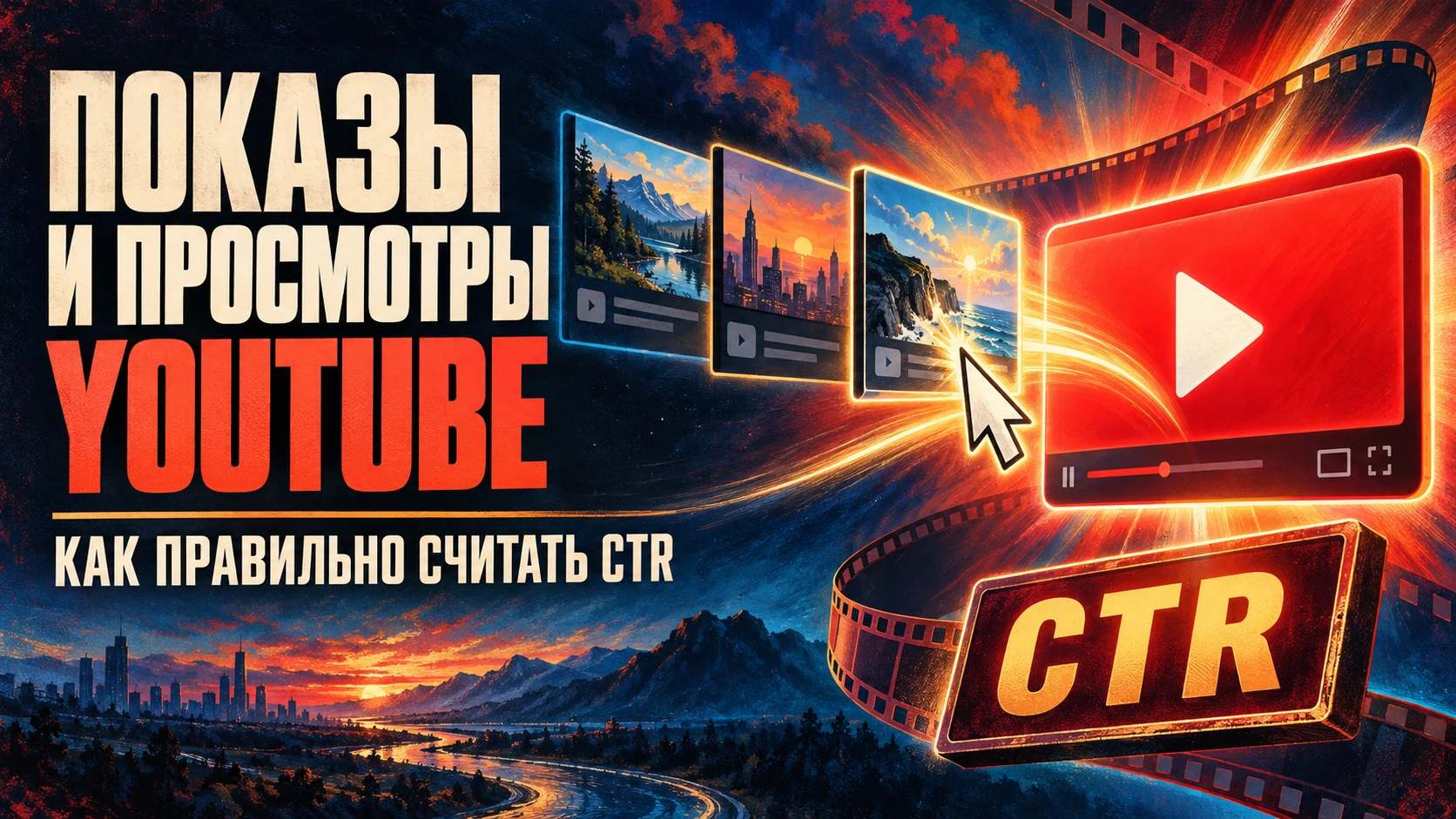 Показы и просмотры YouTube: миниатюры видео, курсор, значок воспроизведения и надпись CTR