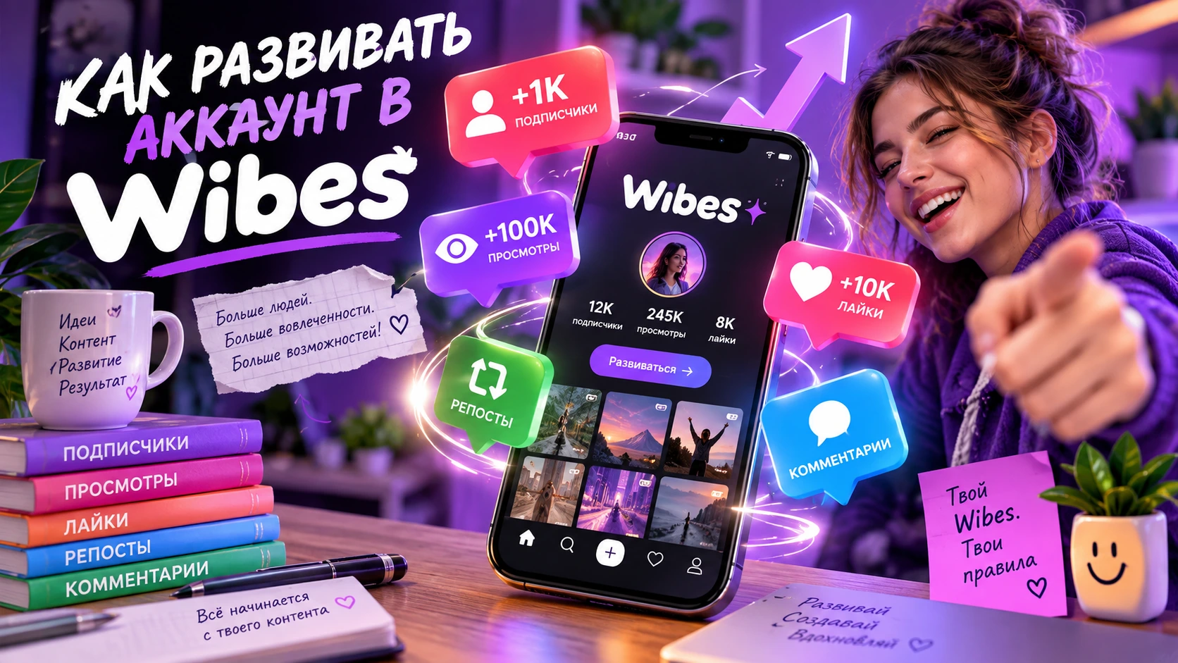 Смартфон с Wibes и значки подписчиков, просмотров, лайков, репостов и комментариев
