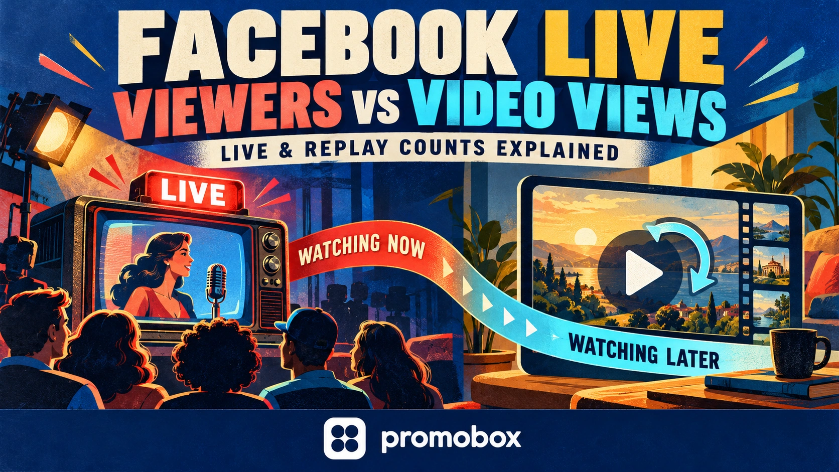 Facebook Live illustration comparing viewers watching a live broadcast with accumulated video views and replay viewing