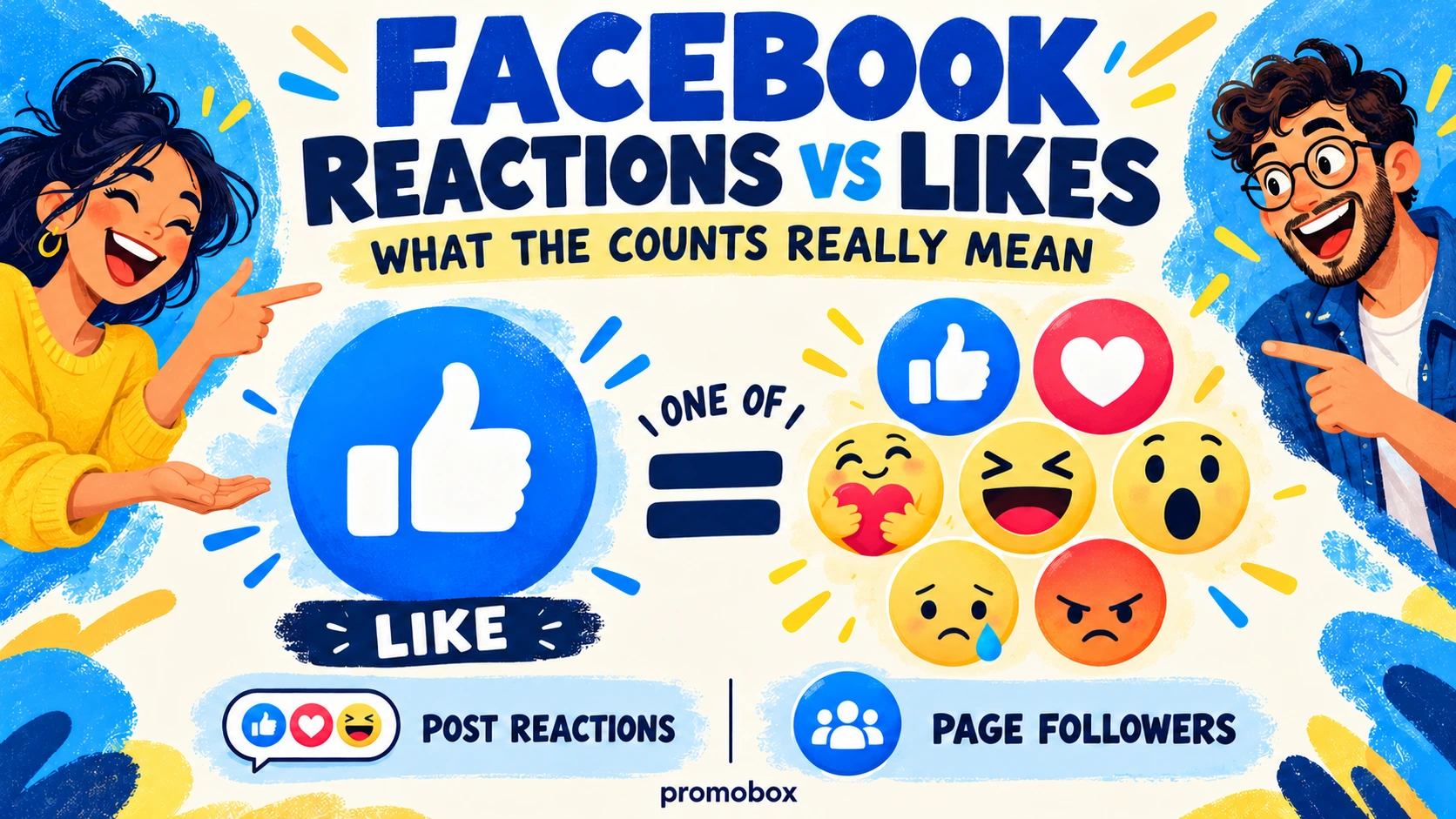 Illustration comparing Facebook Reactions vs Likes, showing how users respond to posts with different reactions and what engagement counts mean.