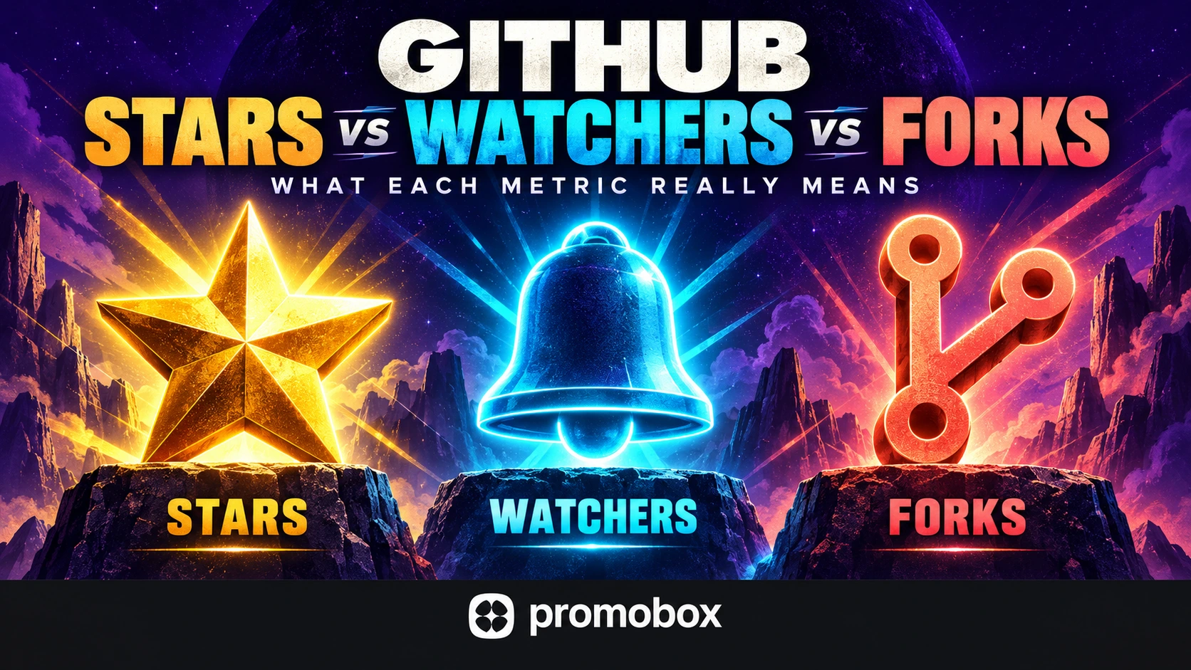 GitHub Stars vs Watchers vs Forks illustration with a star, notification bell, and fork symbol