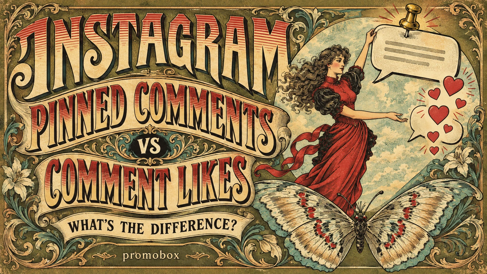 Vintage-style illustration comparing Instagram pinned comments and comment likes as two ways to highlight engagement.