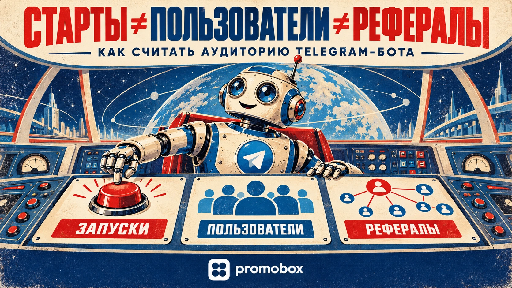 Ретрофутуристическая иллюстрация о стартах Telegram-бота: запуски, уникальные пользователи и реферальные переходы.