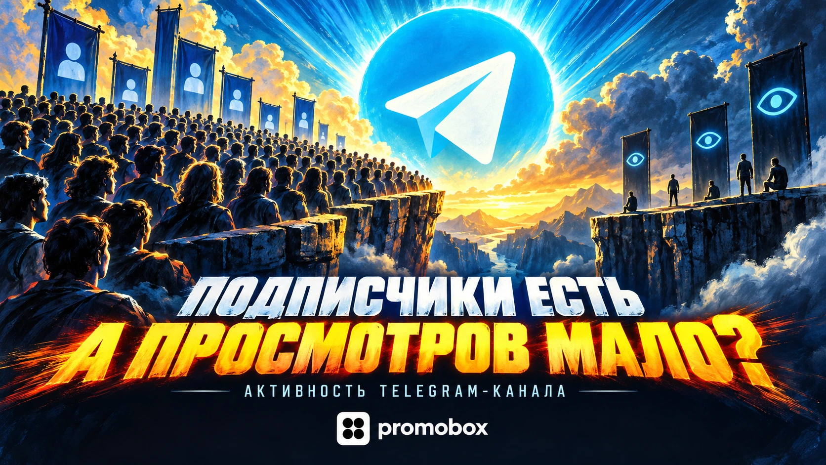 Логотип Telegram над рядами людей и надпись «Подписчики есть, а просмотров мало?»