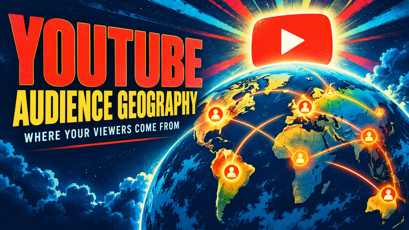 YouTube audience geography illustration with a globe, country markers and the YouTube logo